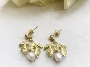 Gold leaf pearl earrings