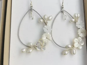 Silver Boho pearl flower earrings