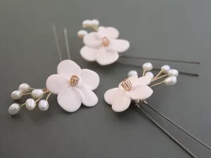 Primrose Pale Blush Clay Flower Hairpins, Set of 3, Bridal hair accessories