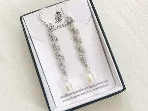 Silver crystal pearl bridal earrings